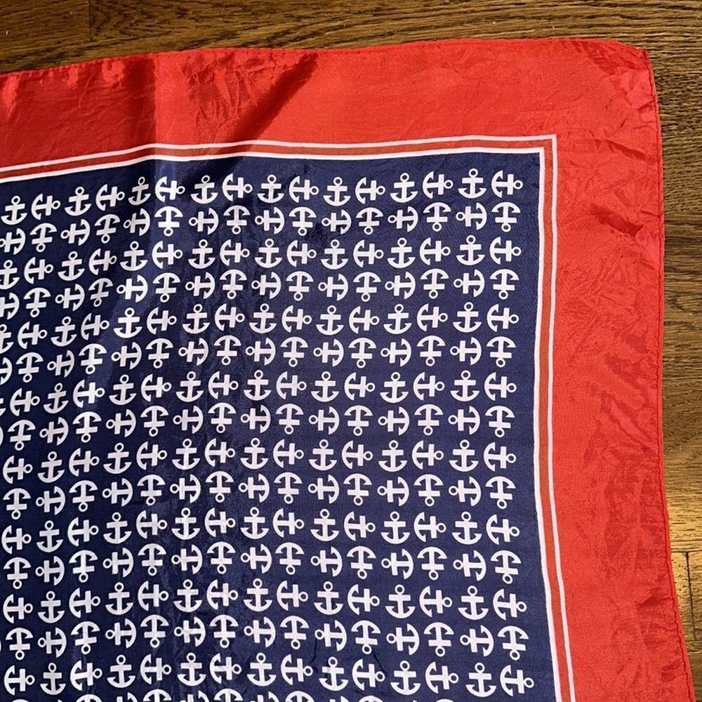 Vtg 60s Glensder Textile‎ red, white & blue anchor print nautical themed scarf - Picture 3 of 8